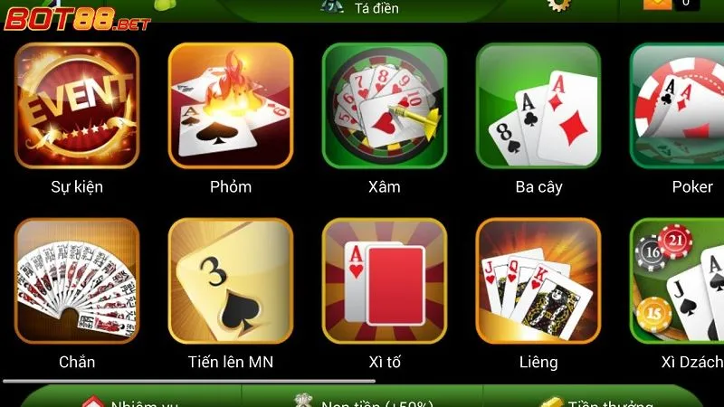Danh mục trò chơi đa dạng tại sảnh Game Bài BOT88